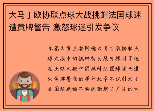大马丁欧协联点球大战挑衅法国球迷遭黄牌警告 激怒球迷引发争议