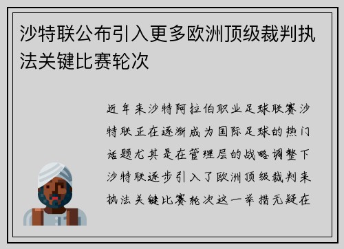 沙特联公布引入更多欧洲顶级裁判执法关键比赛轮次