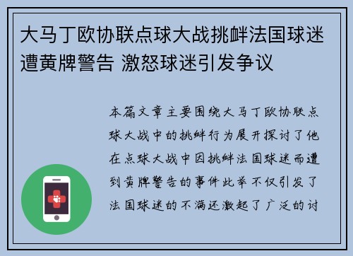 大马丁欧协联点球大战挑衅法国球迷遭黄牌警告 激怒球迷引发争议